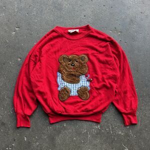 Vintage Beanzie Teddy Bear Sweatshirt Red Fuzzy Applique USA Made Size Large
